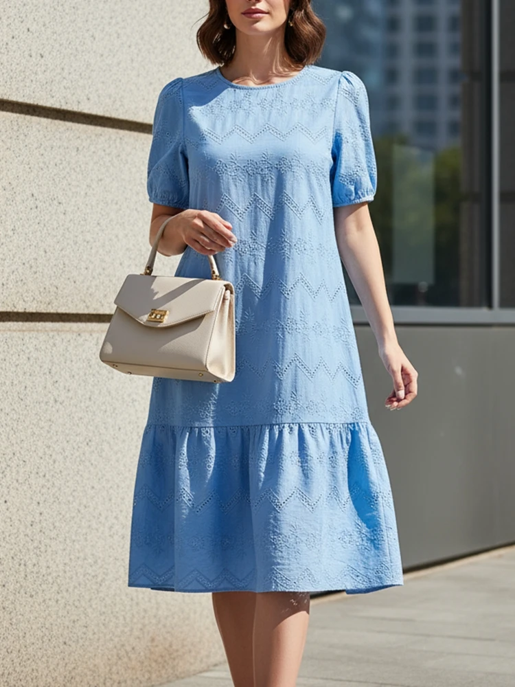 

ZANZEA Openwork Embroidered Women Knee-Length Dress 2025 Summer O-Neck Short Puff Sleeve Patchwork Solid Color Dresses 4 Colors