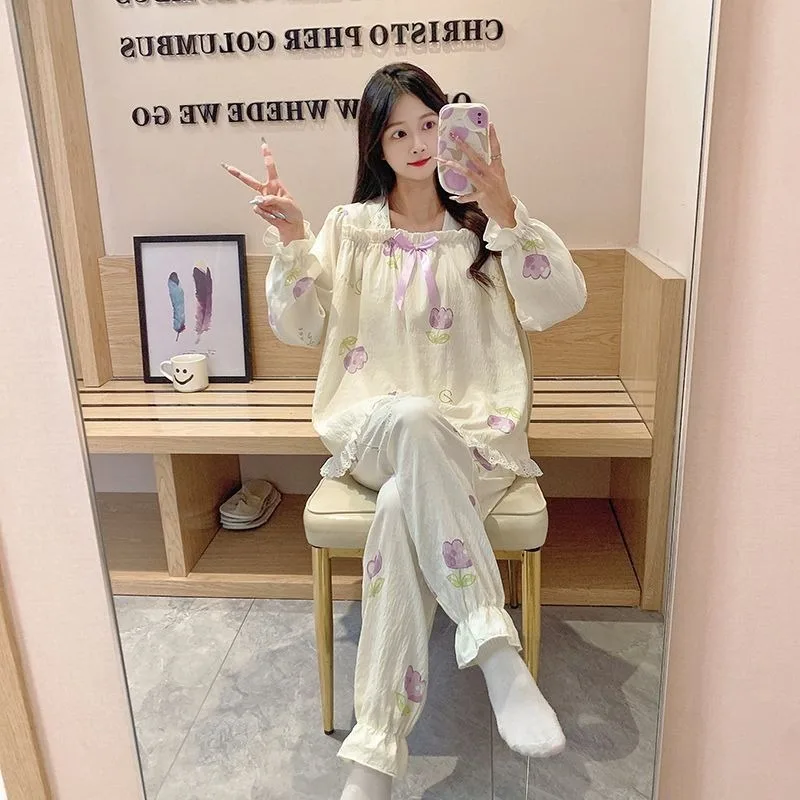 Spring and Autumn New Girls Long-sleeved Pajamas Set Bow 2024 Sweet Can Wear Two Sets of Home Wear Pjamas for Women  Sleepwear