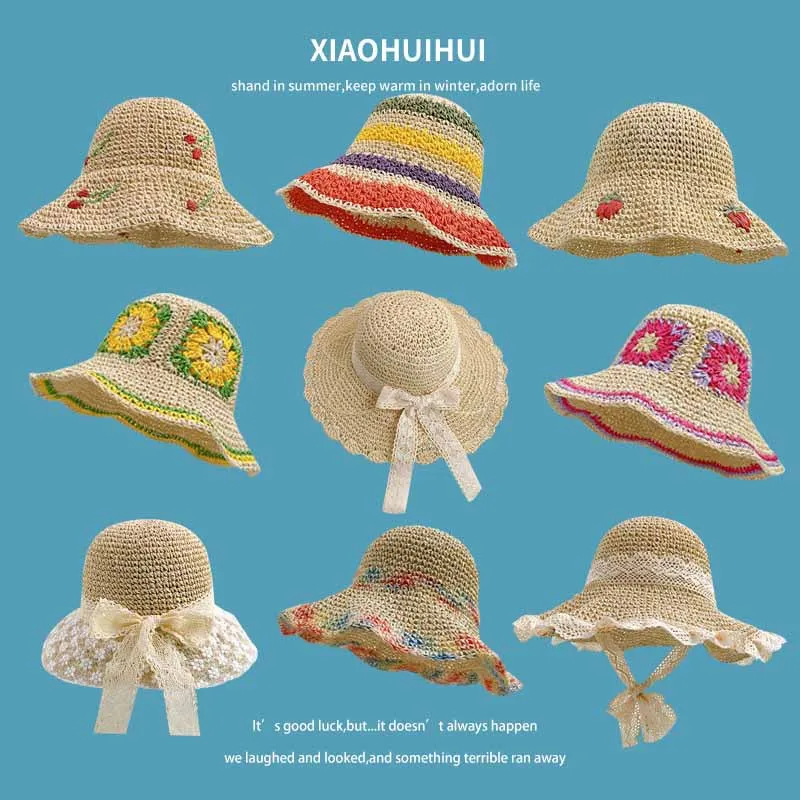 Japanese Sweet Strawberry Cherry Beige Straw Hat Female Lace Brim Straw Bucket Hat Vacation Beach Hat