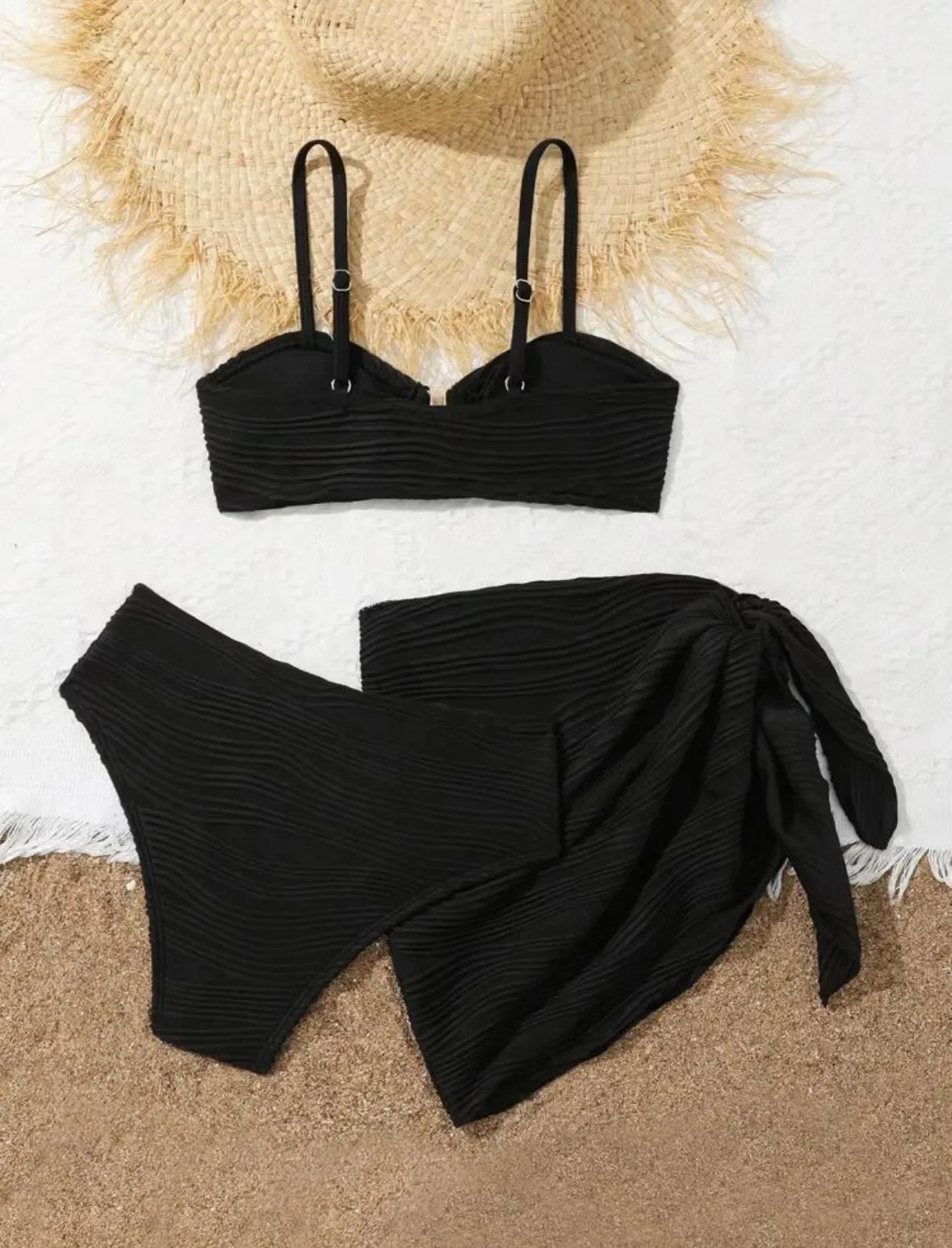 Conjuntos de Bikinis acanalados con decoración de Metal, traje de baño Sexy de tres piezas con falda cubierta, traje de baño sólido, trajes de playa, Bikini Bakini