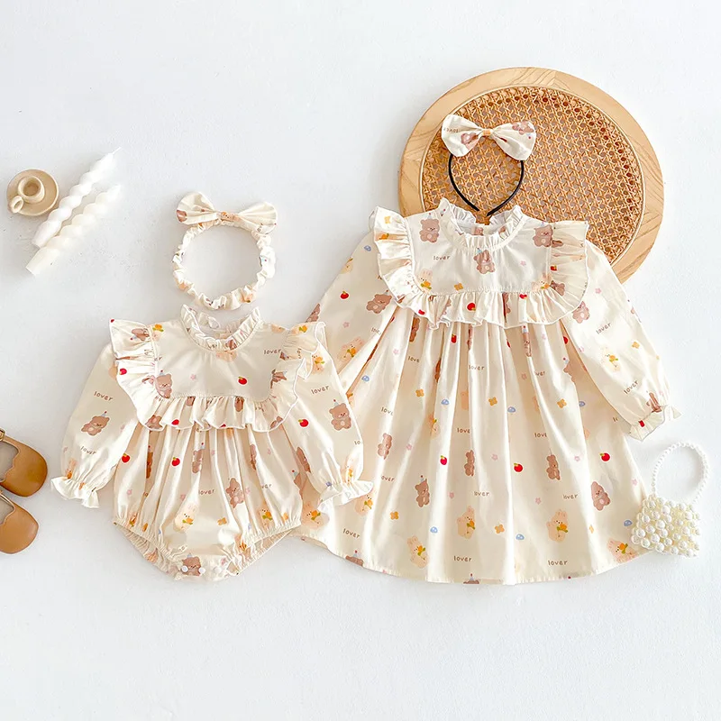 Little Sister Big Sister Cotton Outfit Baby Girl and Sister Matching Bear Clothes Newborn Toddler Infant Bodysuit Kids Dresses