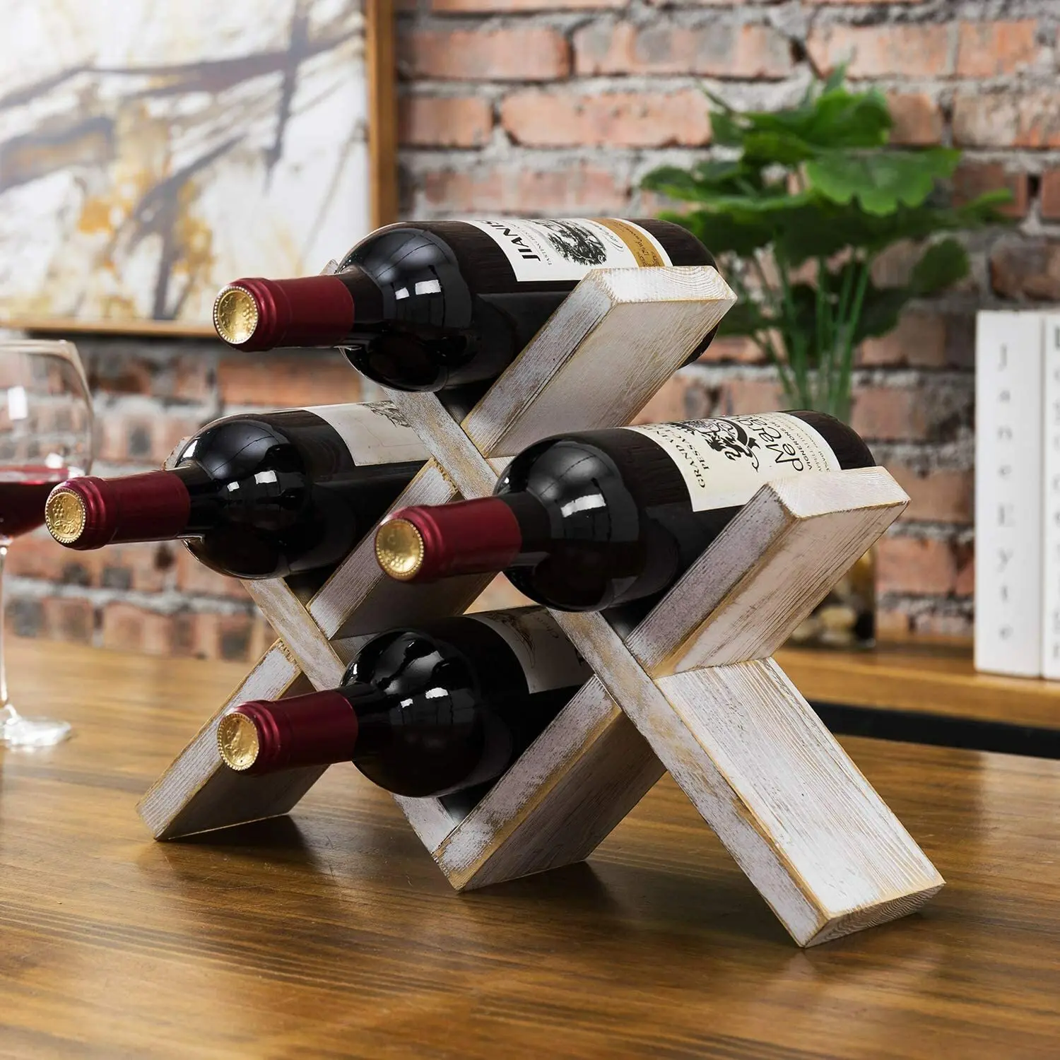 

4 Bottle Wine Rack Wood Countertop Storage Holder for Wine Bottles Organizer Kitchen Bar Decor Display Stand Rustic Farmhouse