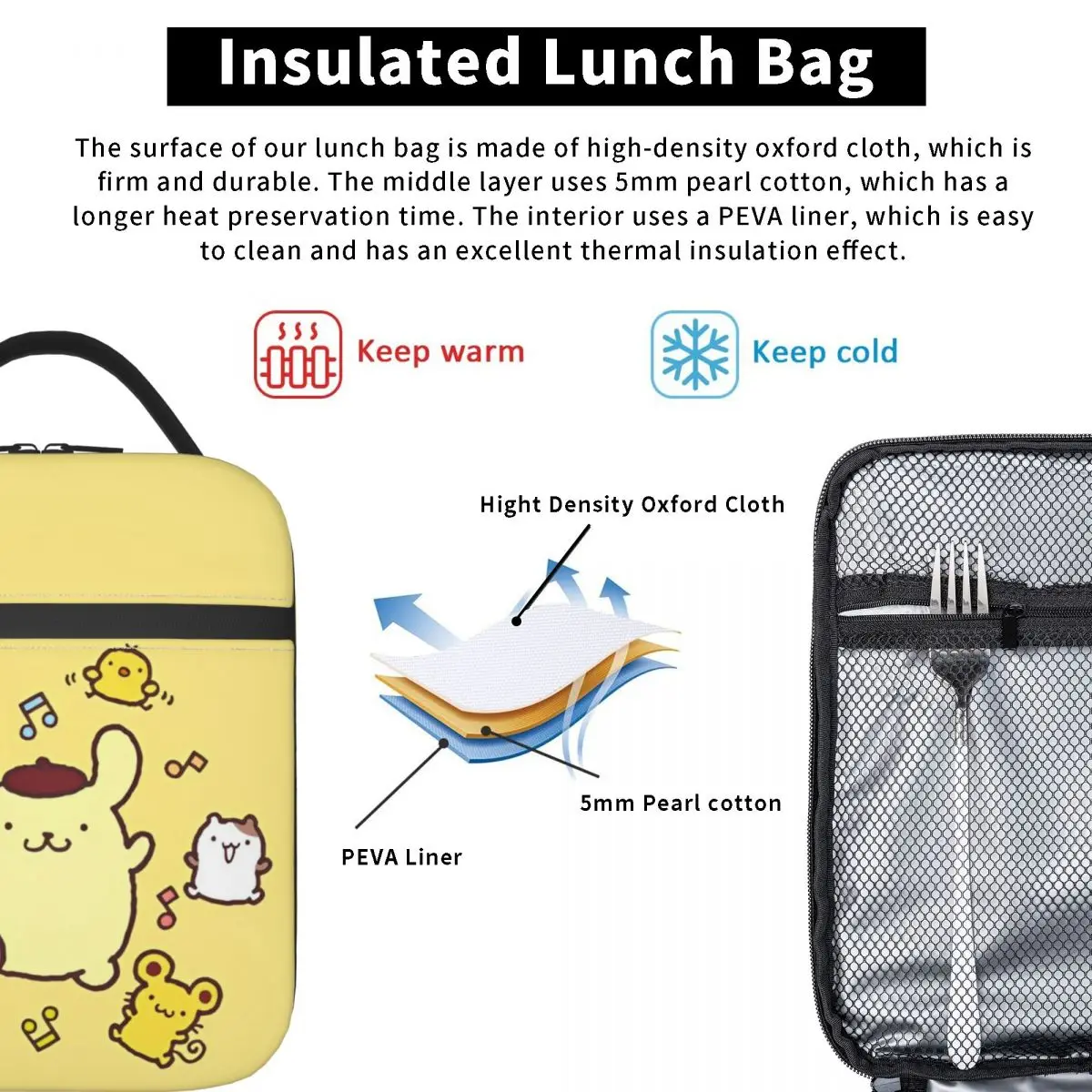 Pom Pom Purin con gli amici borsa termica per borse da pranzo isolate Lunch Container a tenuta stagna Lunch Box Tote Food Bag Work Outdoor