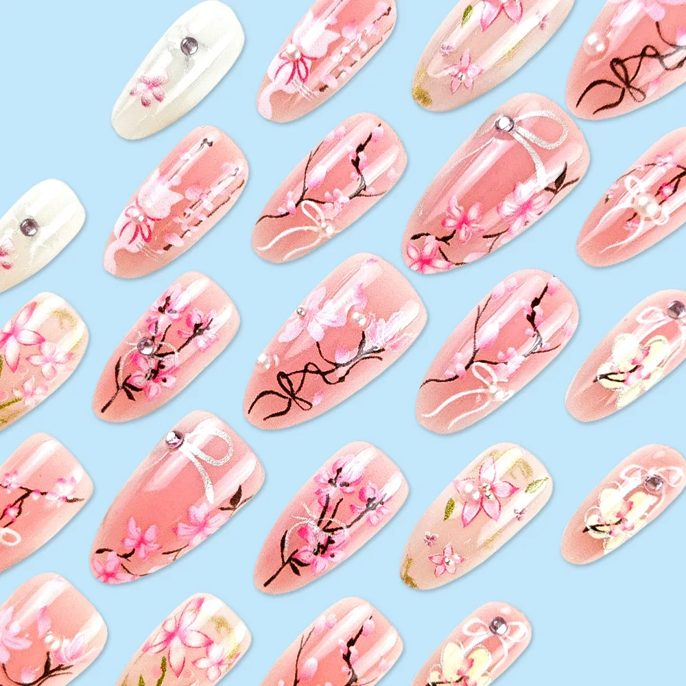 24개 스윗 핑크 플라워 프레스온 네일즈, 핑크 블러쉬 아몬드 모양 인조 네일, 여성용 웨어러블 재사용 가능 패션 한국 스타일 네일