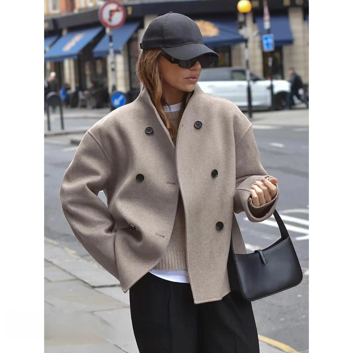 

New Women's Loose Double Breasted Woolen Jaet Long Sve Mid-Length Pure Color Faionable Ele Autumn Coat