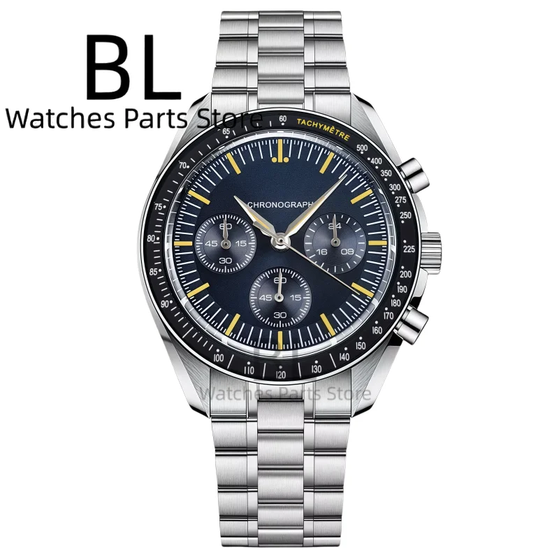 BLIGER 40mm Moon Quartz Watch For Men VK63 Chronograph Bubble Crystal Waterproof Stainless Steel Black White Dial Business Watch view 6
