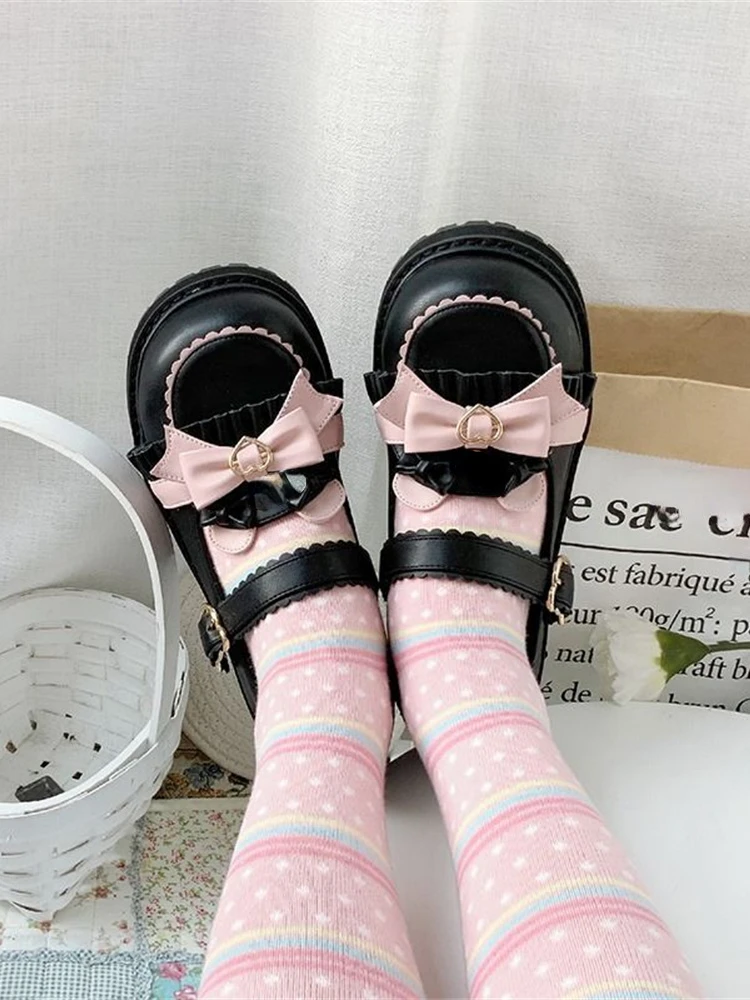 Kawaii Bowknot Lolita Shoes Japanese JK Uniform Shoes Retro College Style Female Student Lovely Round Toe Shoes 2023 Summer