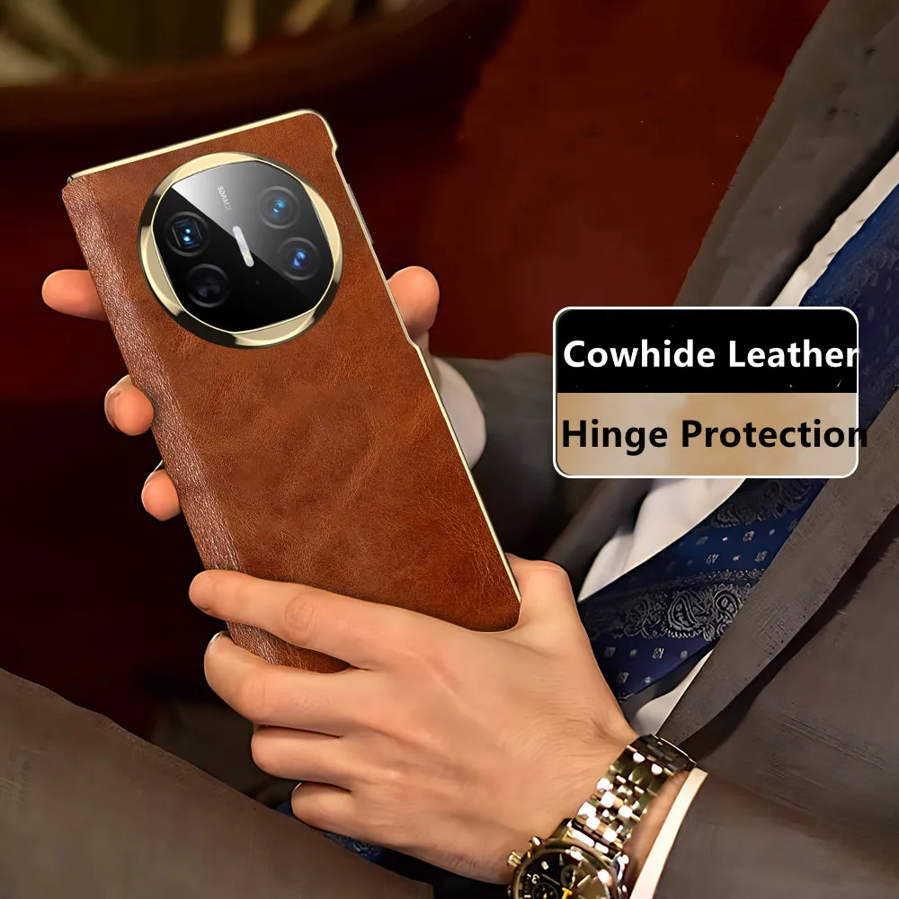 

Premium Natural Cowhide Leather Hinge Flip Case for Huawei Mate X6 Oil Wax Business Cover