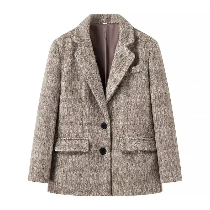 Spring 2024 Women's Fashionable Long Hair Woolen Suit Jacket Cross-Border New Arrival Elegant Style Long Sleeve Business Coat