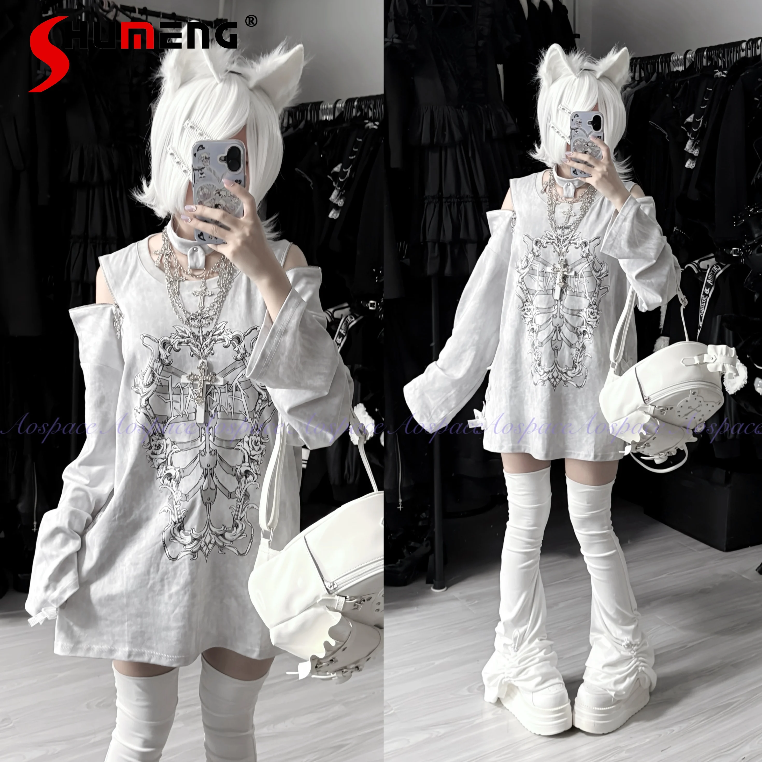 

Original Subculture Punk Sweet Cool Long Sleeve Off-Shoulder T-Shirt Spring Autumn New Girl's Y2K Print Harajuku Aesthetic Top