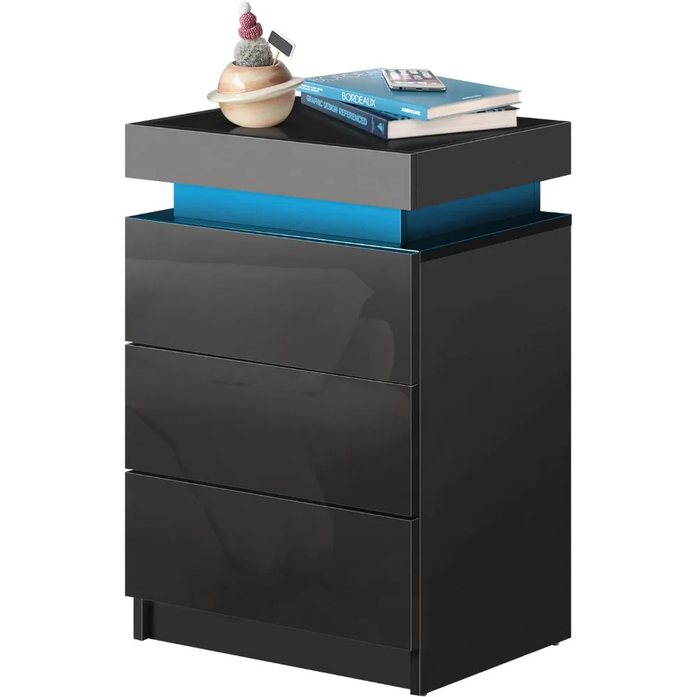 

Black Nightstand with LED Lights, Smart Night Stand with Flip Top Storage, Bedside Table with 3 High Gloss Drawers