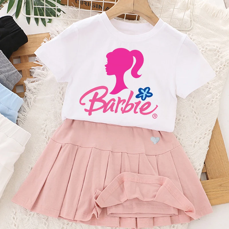 

Barbied T-shirt+pleated Skirt Girl Baby Sweet Short Sleeve+short Skirt Kawaii Anime Figures Tee Top Children Home Clothes Dress