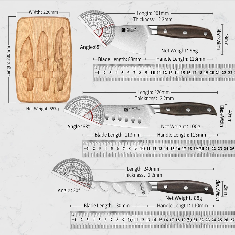 XINZUO New Collocation 4PCS Kitchen Knife Set Stainless Steel 3.5+4.5+5 Inch Cheese Knife With Nature Red Oak Chopping Board