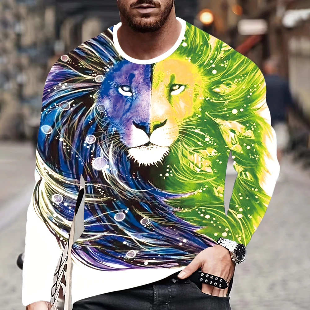 3D Animal Flaming Lion Stereoscopic Printing Autumn Men's O Neck Casual Long Sleeve Oversized T Shirt Fashion Pullover Men's