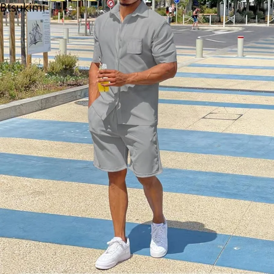 2025 Summer Breathable Linen Casual Sets Men's Solid Color Short-sleeved Loose Thin Shirt and Shorts Two-pieces Men Sport Outfit