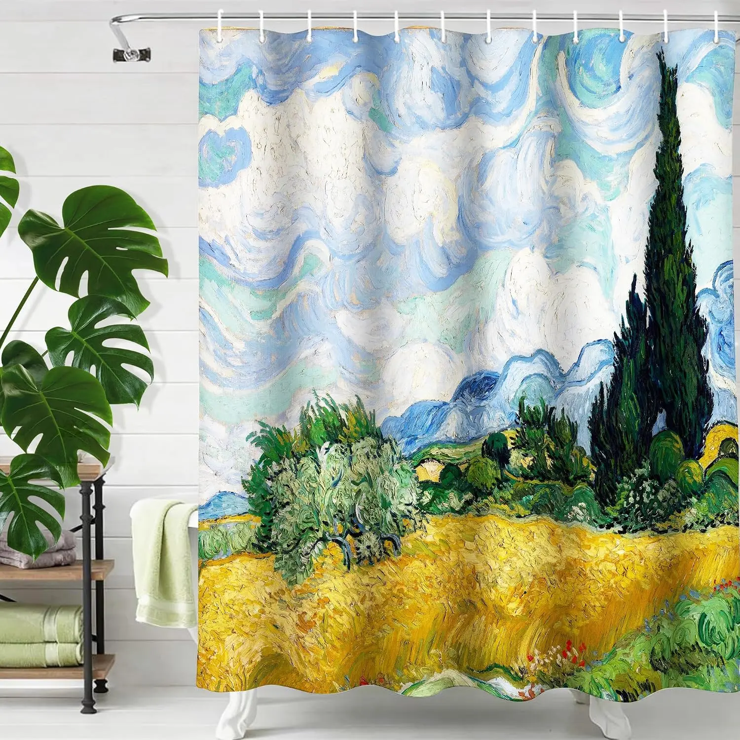 Vibrant Impressionist Shower Curtain Yellow Landscape Painting Artwork Bathroom Decor Green Trees Mediterranean Cypress Field Sh