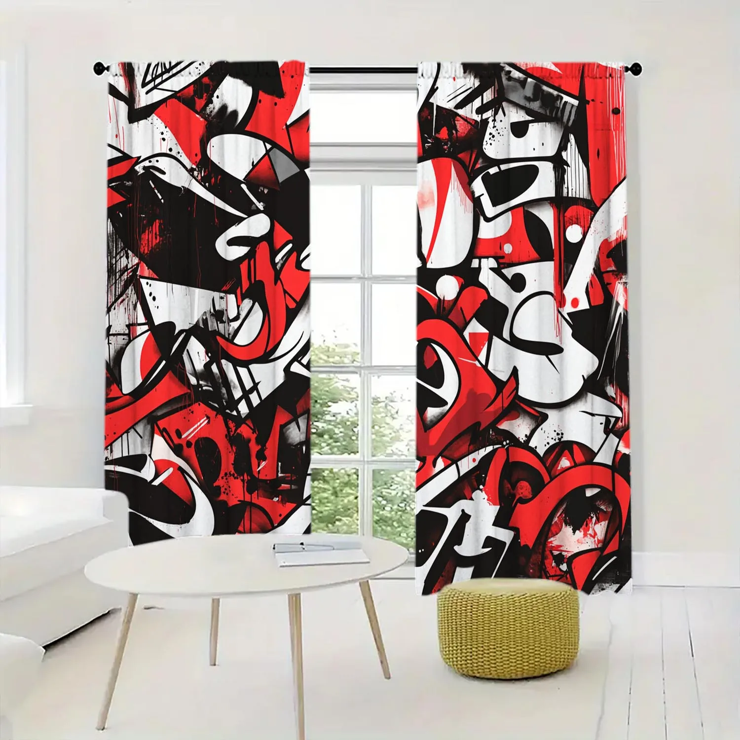 Red Black Graffiti Print Curtains Urban Street Art Abstract Blackout Drapes for Living Room Cool Hip Hop Style Home Decor Window