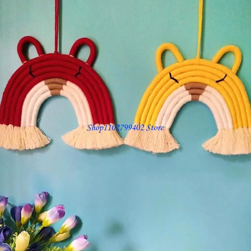547F 7 Lines Macrame Tapestry Rainbow for Cat Wall Hanging Ornaments Handmade Woven Cotton Thread Animal Kids Room Decor