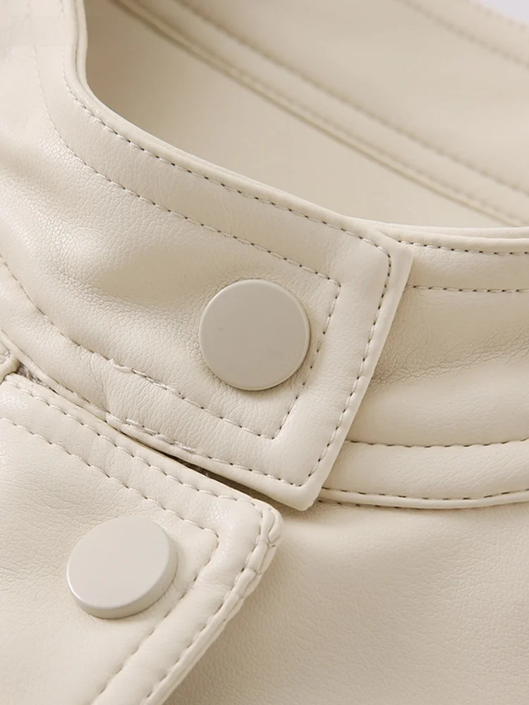 معطف La Chapelle للسيدات بتصميم عتيق لراكبي الدراجات النارية بياقة واقفة من الجلد لون نقي معطف علوي للخريف وصل حديثًا بسحّاب Sve