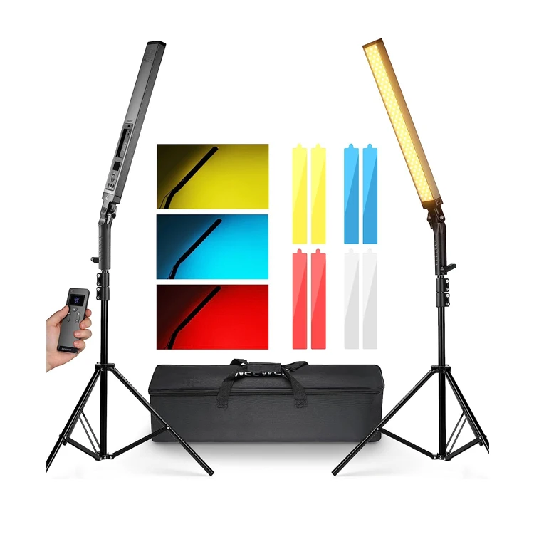 NEEWER Upgraded LED Video Light Stick Kit 2 Pack Handheld Dimmable 3200K~5600K CRI97+ Video Lights with Stands/Filters/Carry Bag