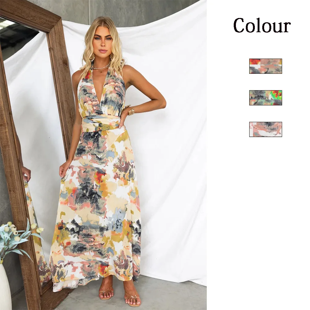 

European And American Ins Style Spring And Summer Models, Printed Lace-up V-neck Waist Sexy A-shaped Dress