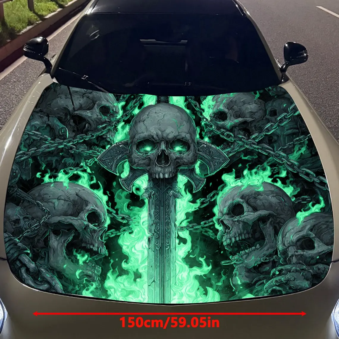 Magic Sword Piercing Skull Car Vinyl Wrap, PVC Material Waterproof Car Hood Sticker, Self-Adhesive Scratch-Resistant Stickers fo