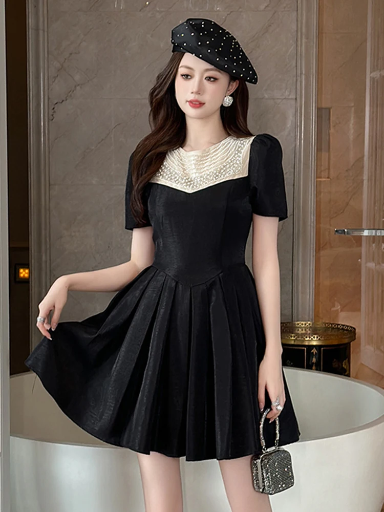 New Women\'s Retro Luxury Style Prom Dress Elegant Sweet Black Pearl Swing Short Ball Gown Party Banquet Vestidos Female Clothing