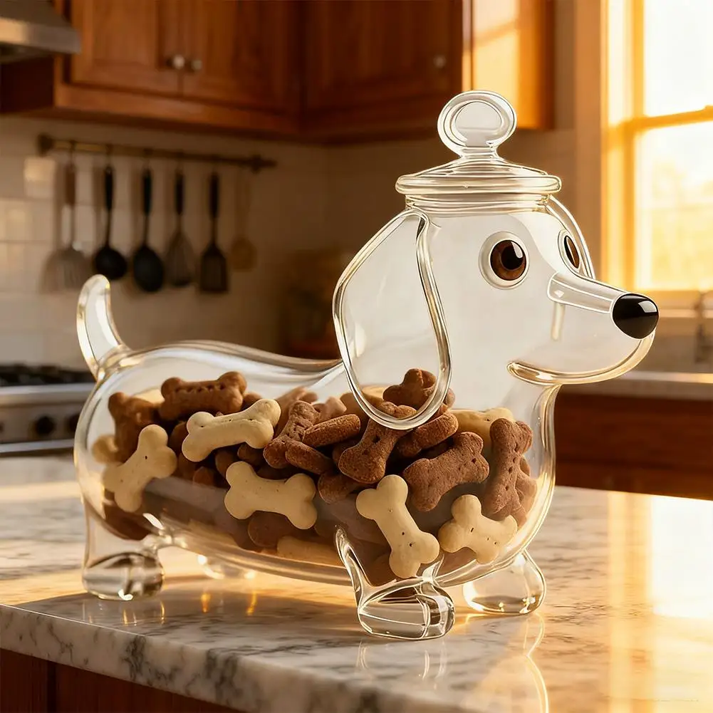 Dog Food Container Airtight Glass Storage Canister Animal Shape Snack Canister Cookie Dispenser Kitchen Home Travel Outdoor