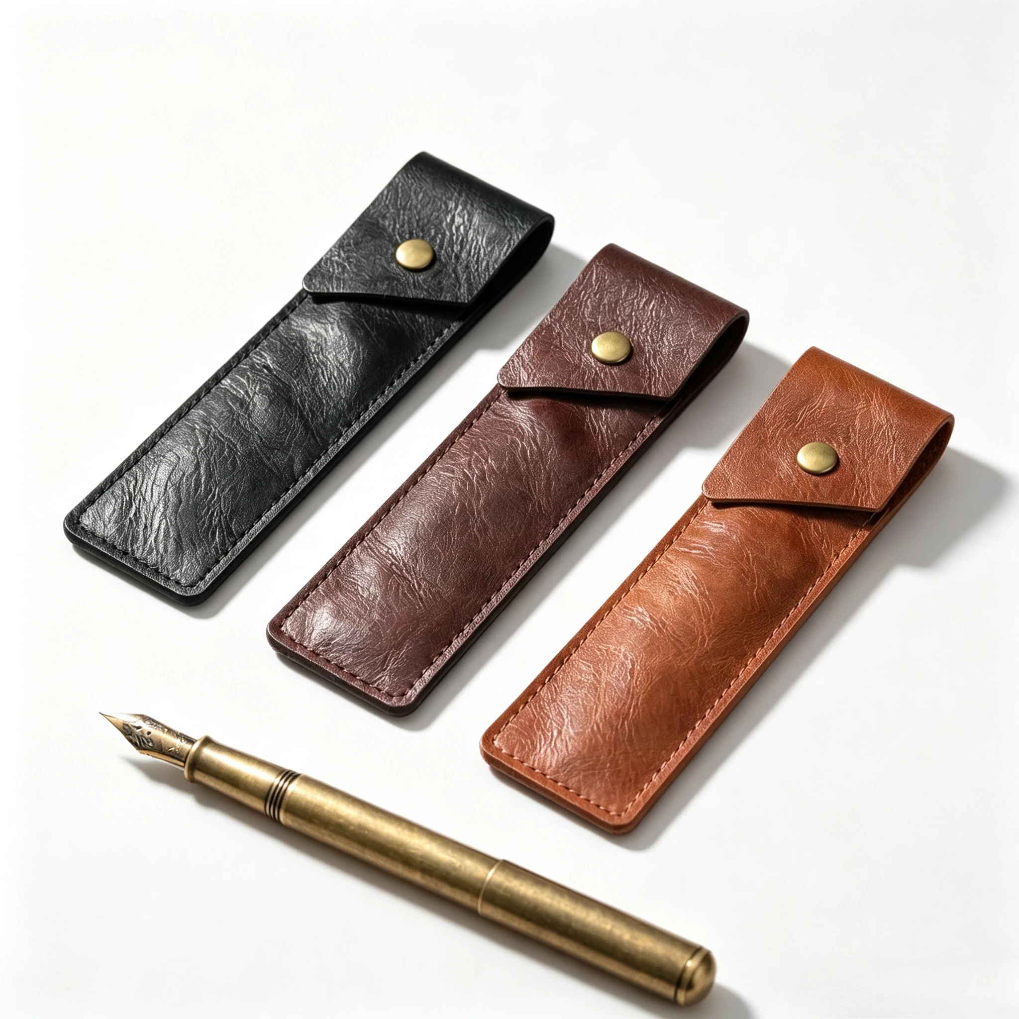 Durable Vintage Texture PU Leather Pen Pouch, Metal Snap Closure Double Compartment Pen Holder Hand‑made Stationery Storage Bag