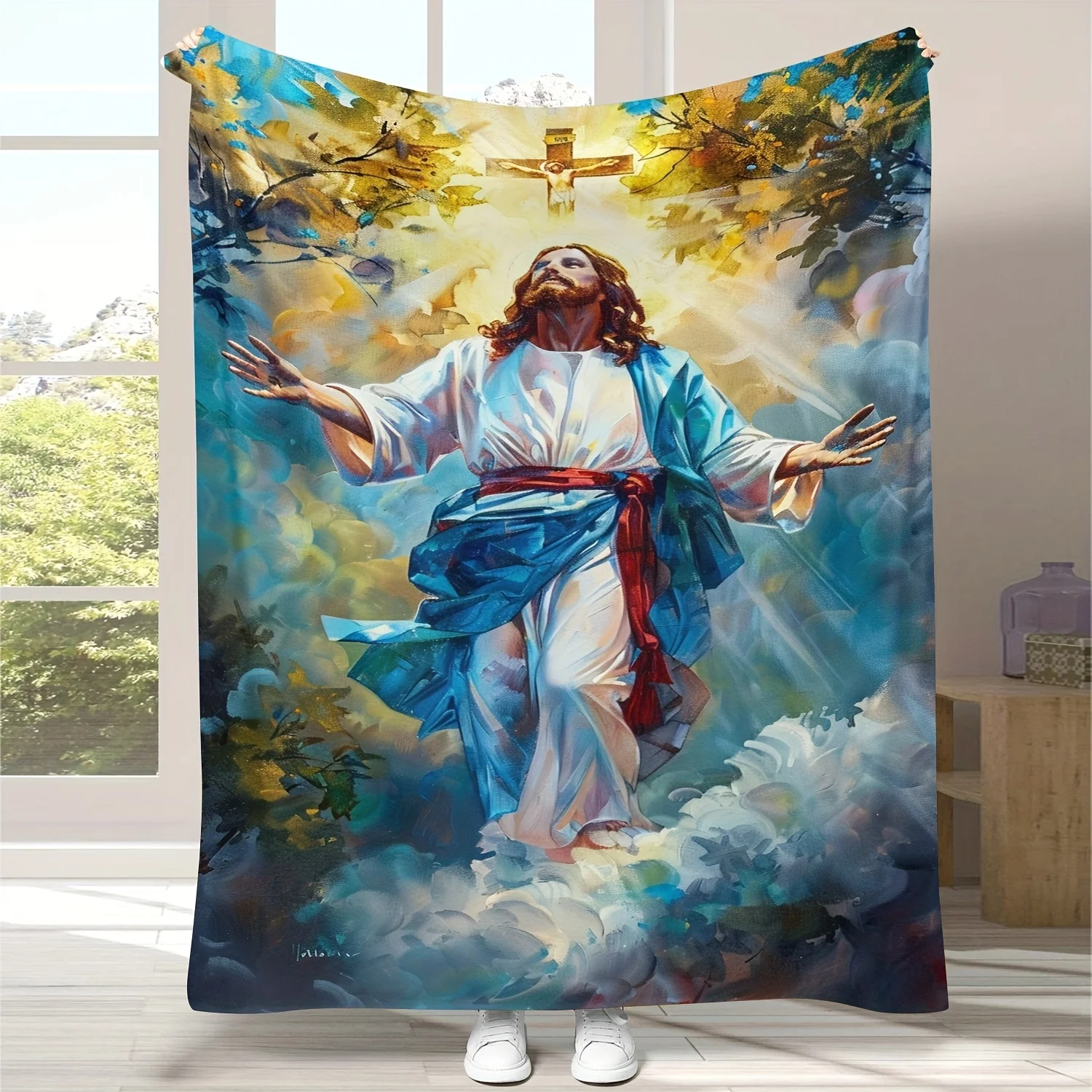 

Soft Flannel Jesus Christ the Redeemer Blanket - Vintage Religious Design with Sacred Illustrations, All-Season Cozy Gifts