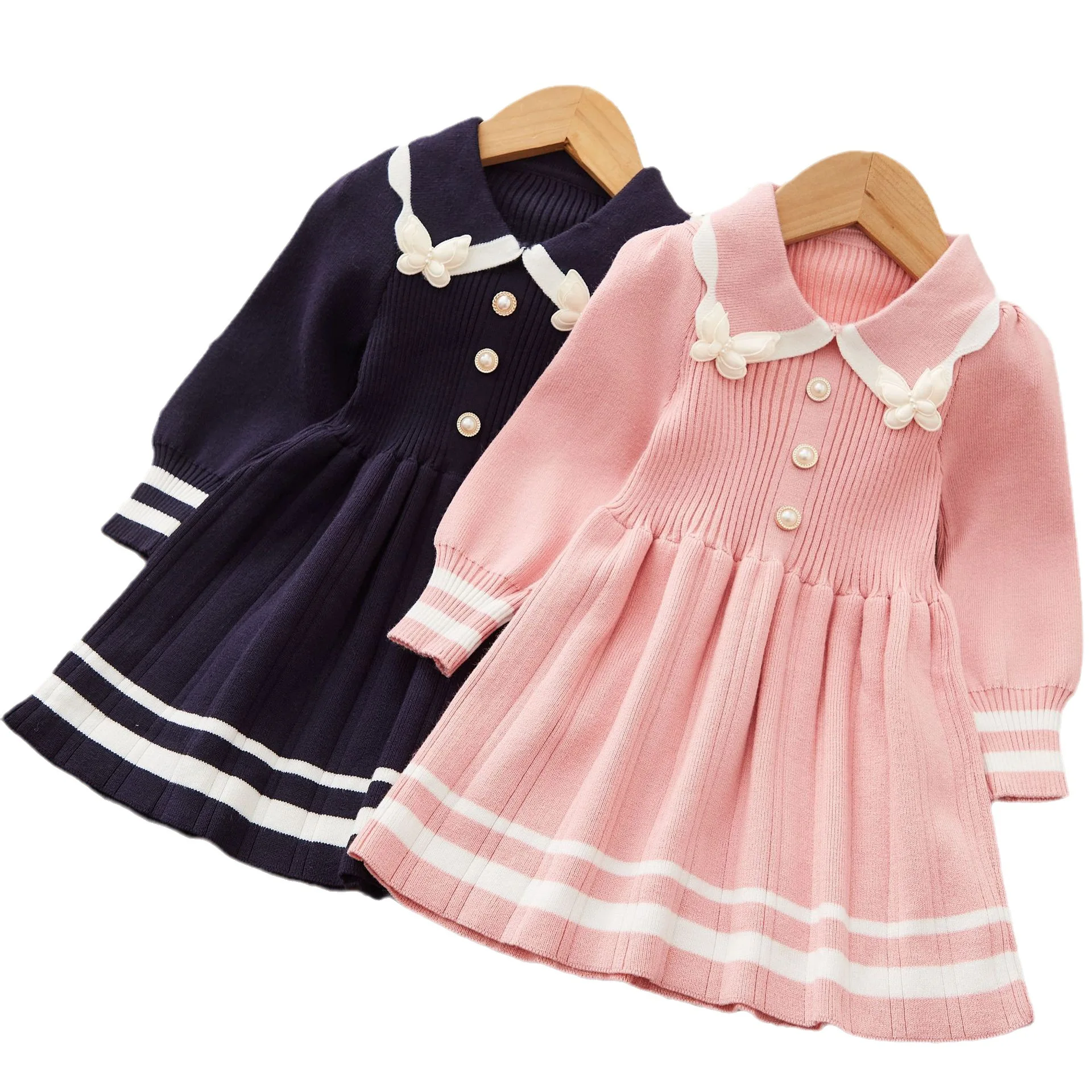 Korean Autumn/Winter Knitted Cute Dress Girl Striped Butterfly Applique Pearl Button Warm Sweater Long Sleeve Knitted Skirt 2-6Y