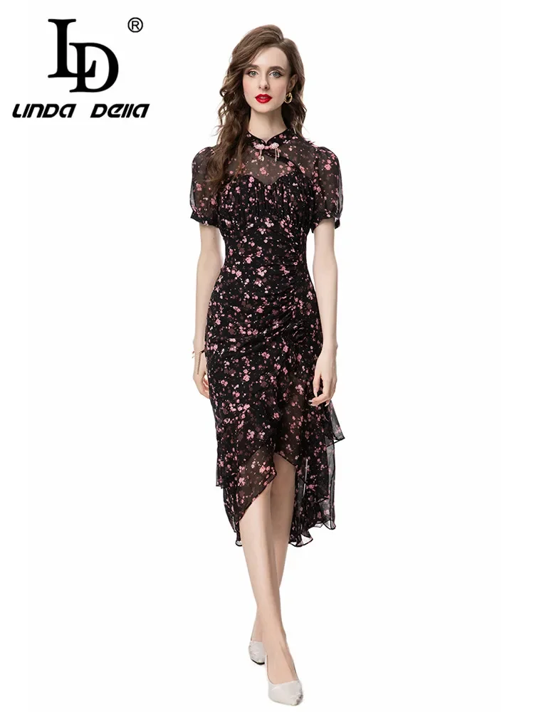 

LD LINDA DELLA Fashion Designer Summer Dress Women's Elegant Vintage Floral Print Frill Trim Flowers Cascading Ruffle Dresses