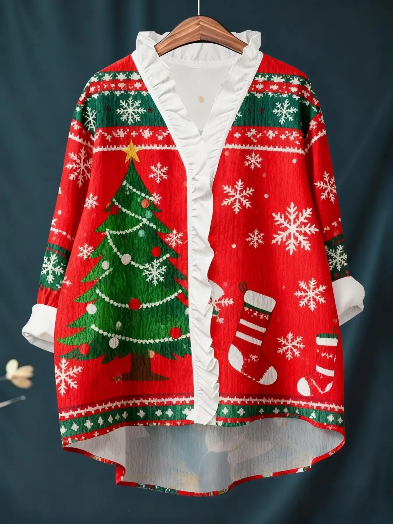 قميص نسائي جديد بأكمام طويلة مطبوع رقميًا لعيد الميلاد مع ياقة مكشكشة، مقاس فضفاض، ملابس حمراء وحيوية #1
