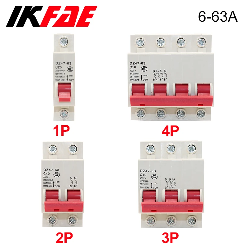 Din Rail Mini Circuit Breaker 1P 2P 3P 4P AC 400V MCB 6A 10A 16A 20A 25A 32A 40A 50A 63A   Household Circuit Air Switch DZ47-63