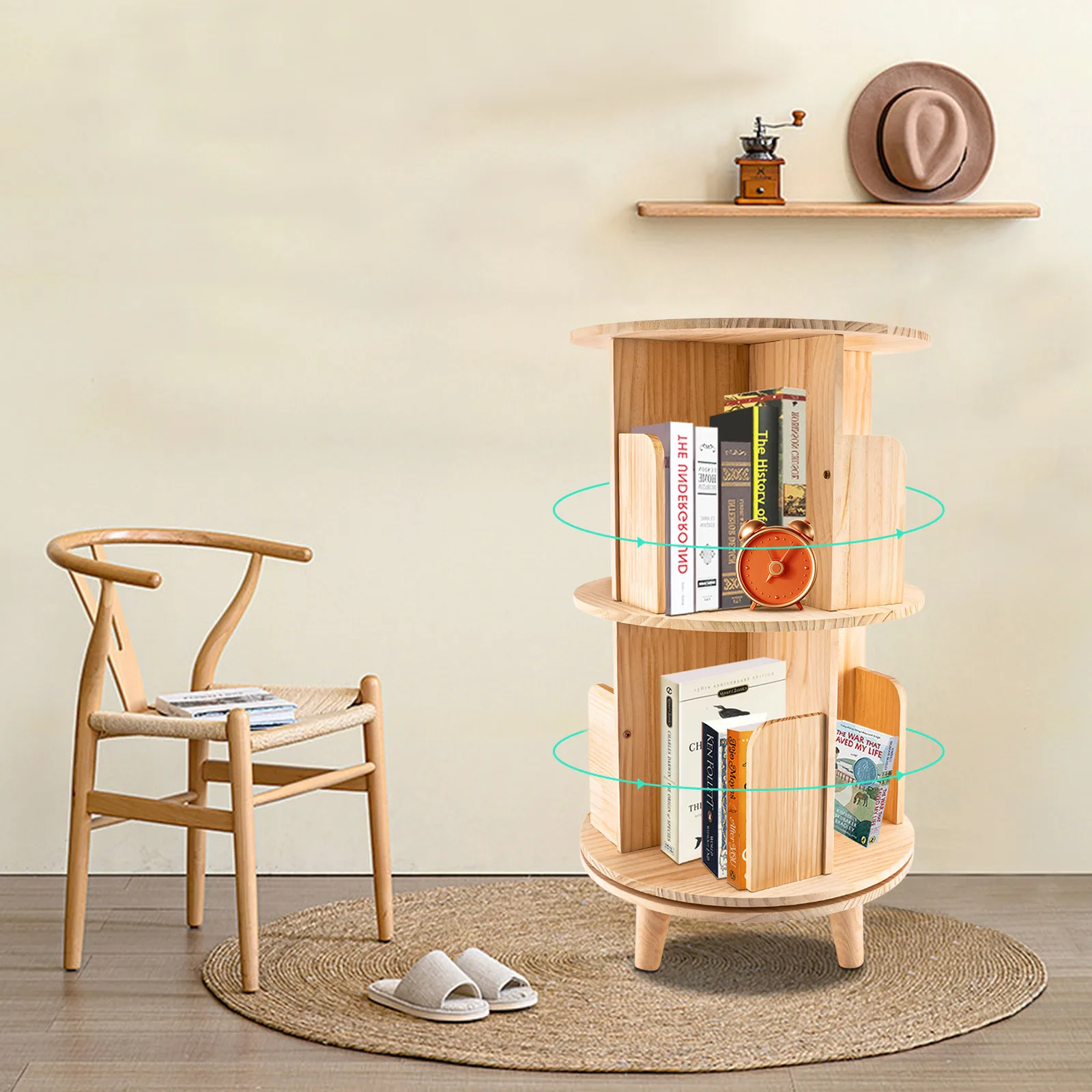 Rotatable Bookshelf Wood Storage 2 Layer Display Rack Floor Standing Bookcase Wood Bookcase Storage Shelf Souvenir Book Display