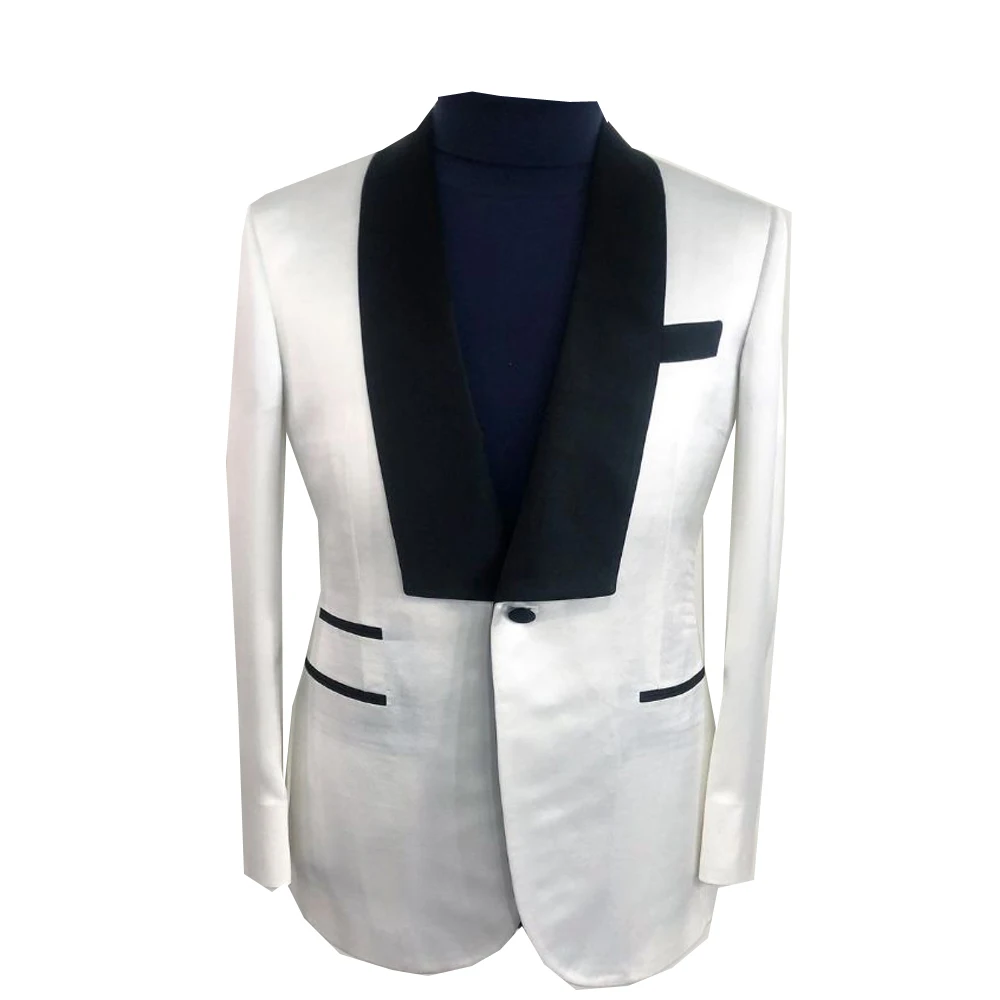 Traje blanco único para hombre, esmoquin hecho a medida con un botón y cuello negro, chaqueta de una pieza, traje de novio para fiesta de boda de diseñador