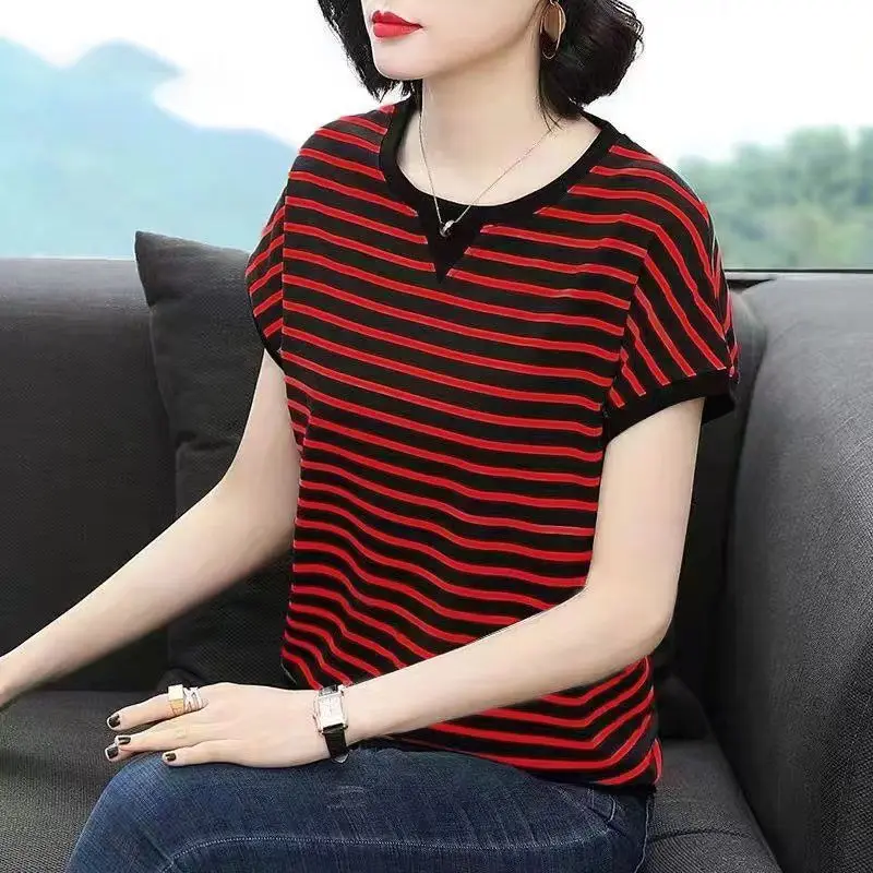 Vintage Plus Size Striped Tops Tees Summer New Short Sleeve O-Neck Loose All-match Casual T Shirts Fashion Office Women Clothing