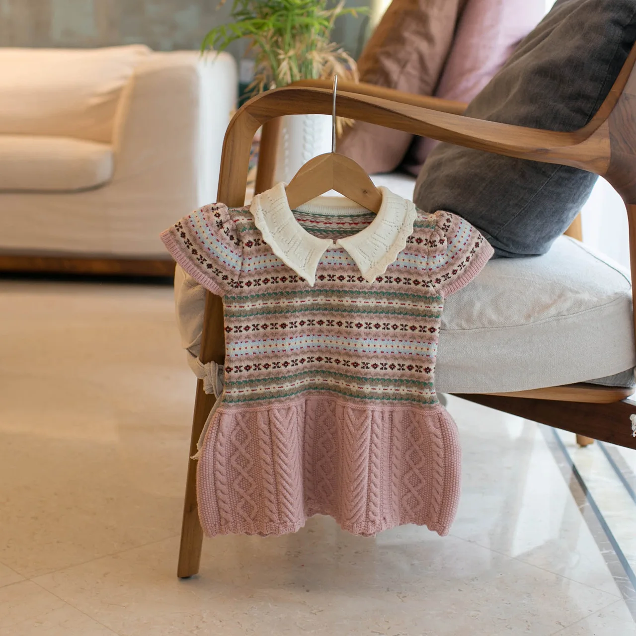 1-4Y Girls Clothes Sleeveless Knit Dress Ruffle Collar Dress for Girls Fair Isle knit Sweater Dress