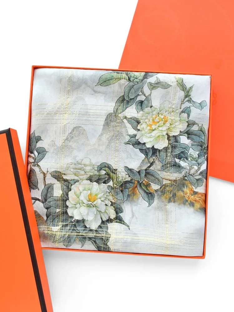 エレガントな透明シルクスカーフギフトボックス桑シルクスクエアスカーフ中国風花柄装飾ファッションアクセサリー