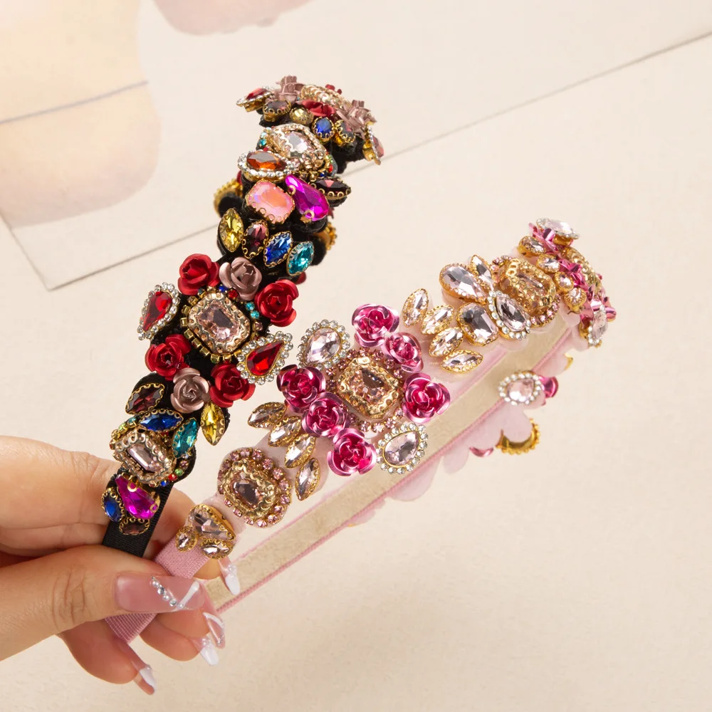 

Новая высококачественная повязка на голову в стиле барокко для женщин, суперблестящая, со стразами и розами, милый тонкий ободок для волос оптом