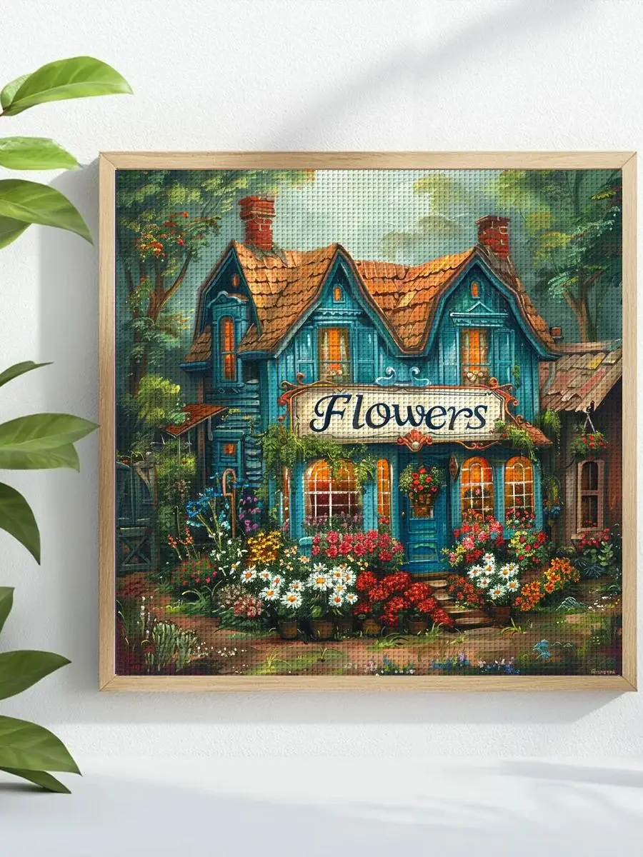 1 Stück 40x40 cm/15,74 Zoll Blumenladen Gestempeltes Kreuzstich-Set DIY-Kit 11CT/14CT DIY-Stickset DIY-Kreuzstich-Set – Detail 1