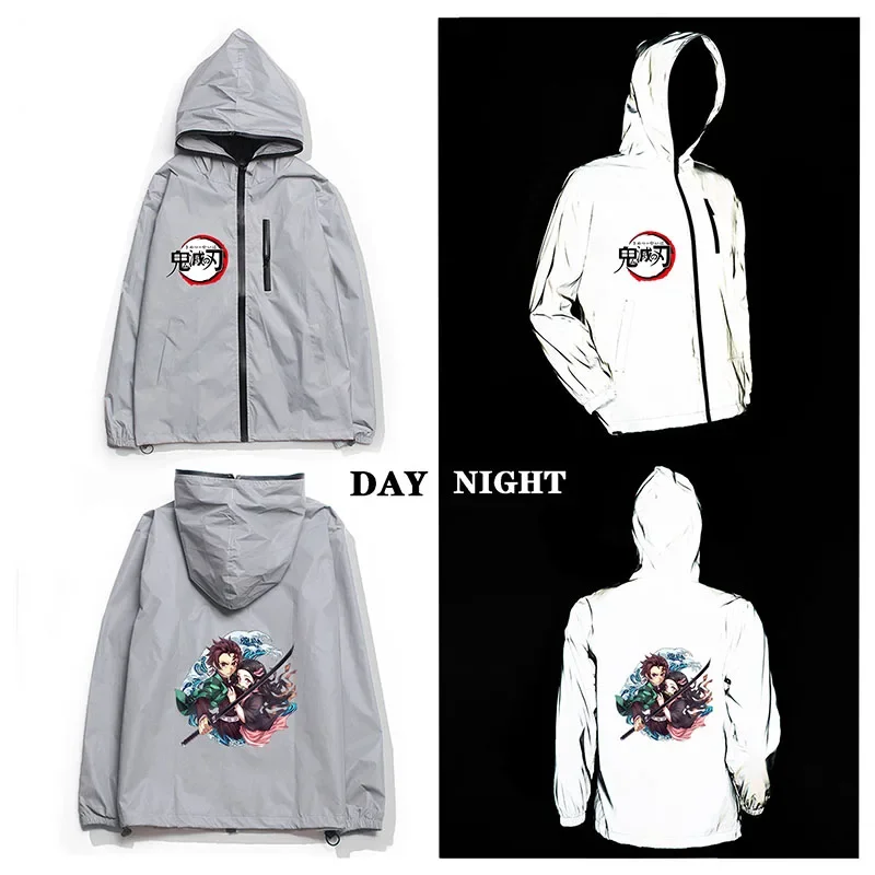 

Demon Slayer Reflective Jacket Mens Womens kimetsu no yaiba Coat Hooded Windbreaker Jackets Cycling Hiking Zipper Custom Hoodie