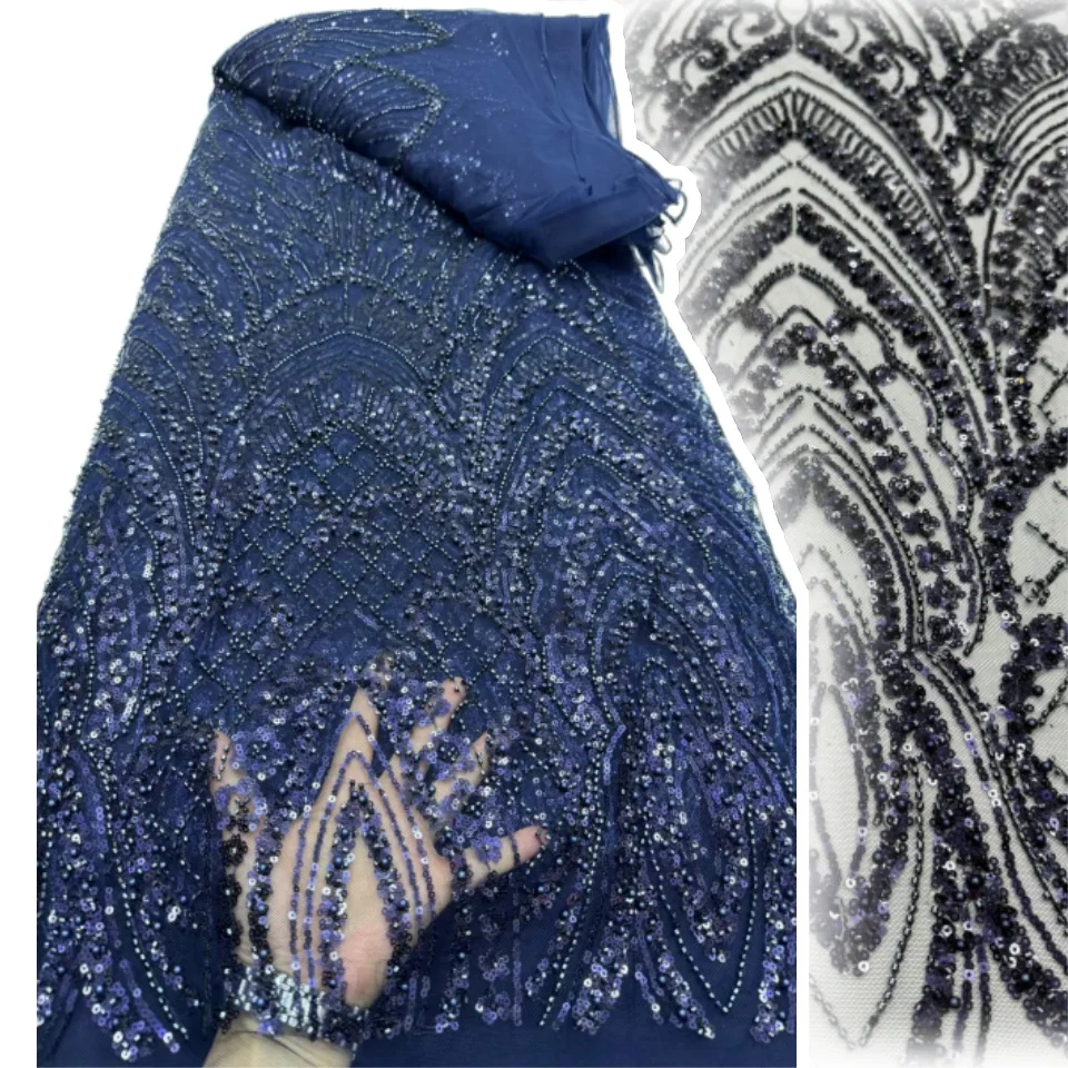 

Royal Royal Blue Beaded Sequins Lace Fabric 2026 High Quality African Lace For Nigerian Women Wedding Party Dress Sewing 2716
