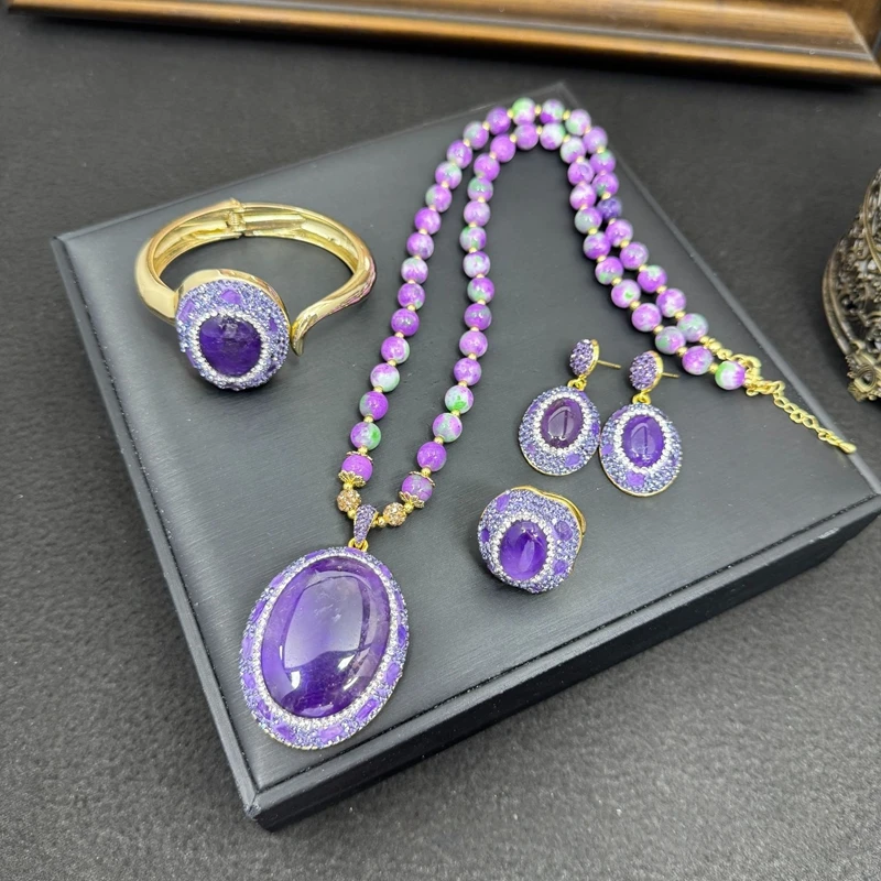

Turkish Style Amethyst Crystal Stone Necklace Ring Earring Set Women Natural Quartz Bracelet Jewelry for Bridal Wed Dress Gift