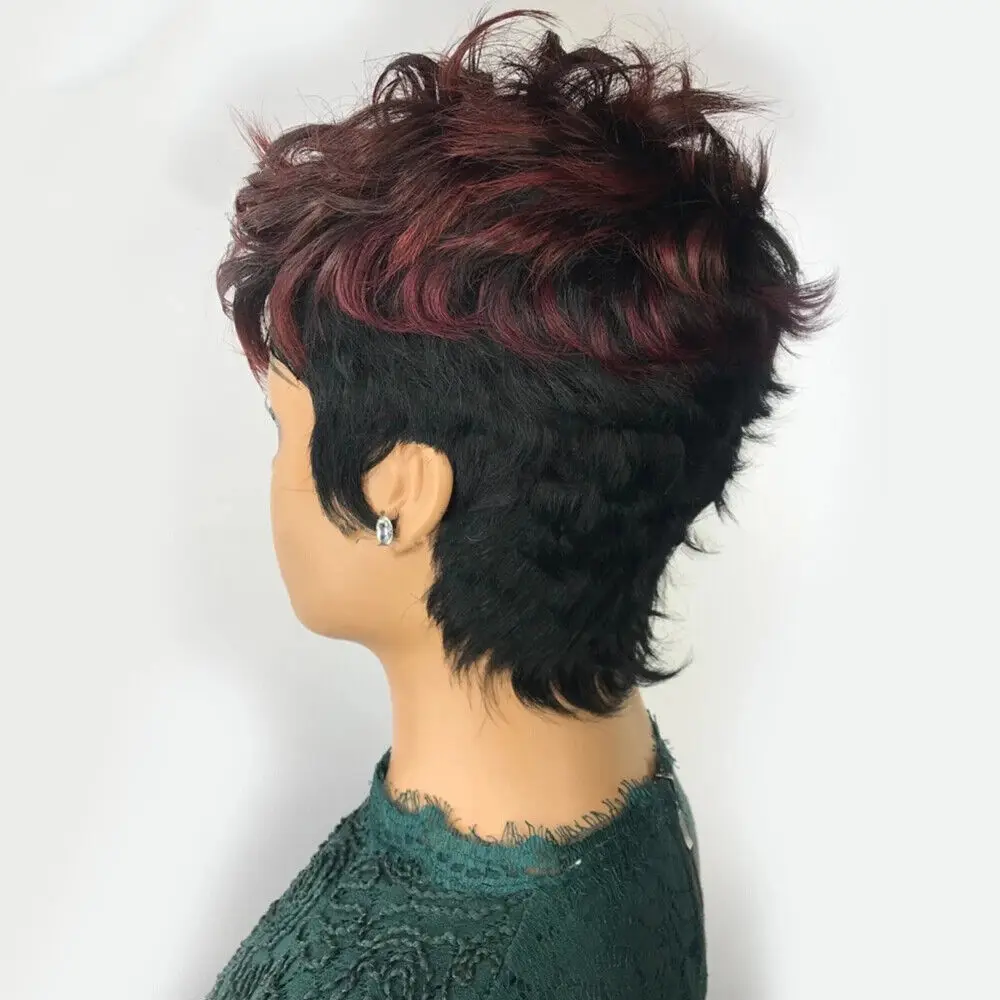 Short Human Hair Wigs with Bangs Pixie Cut  Burgundy Black Mixed Wave Hair