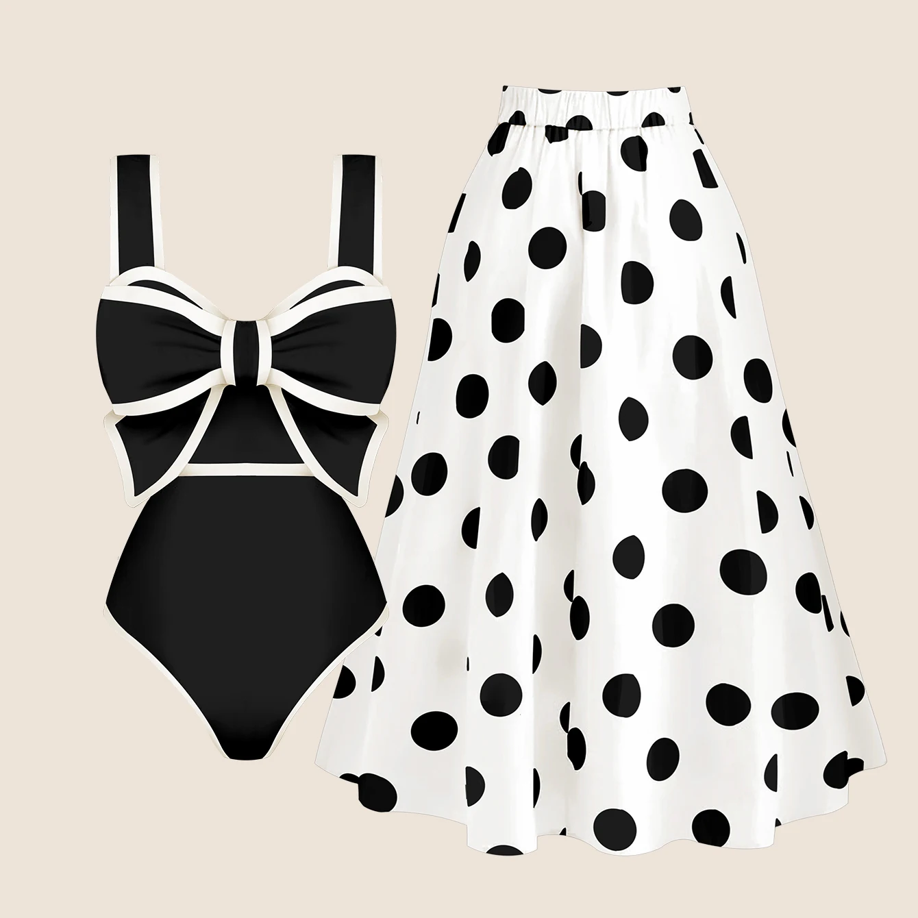 2025 Black White Retro One Piece Swimsuit Women Bow Tie Swimwear with Skirt Sexy Bathing Suit Monokini Beach Bodysuit Beach Wear