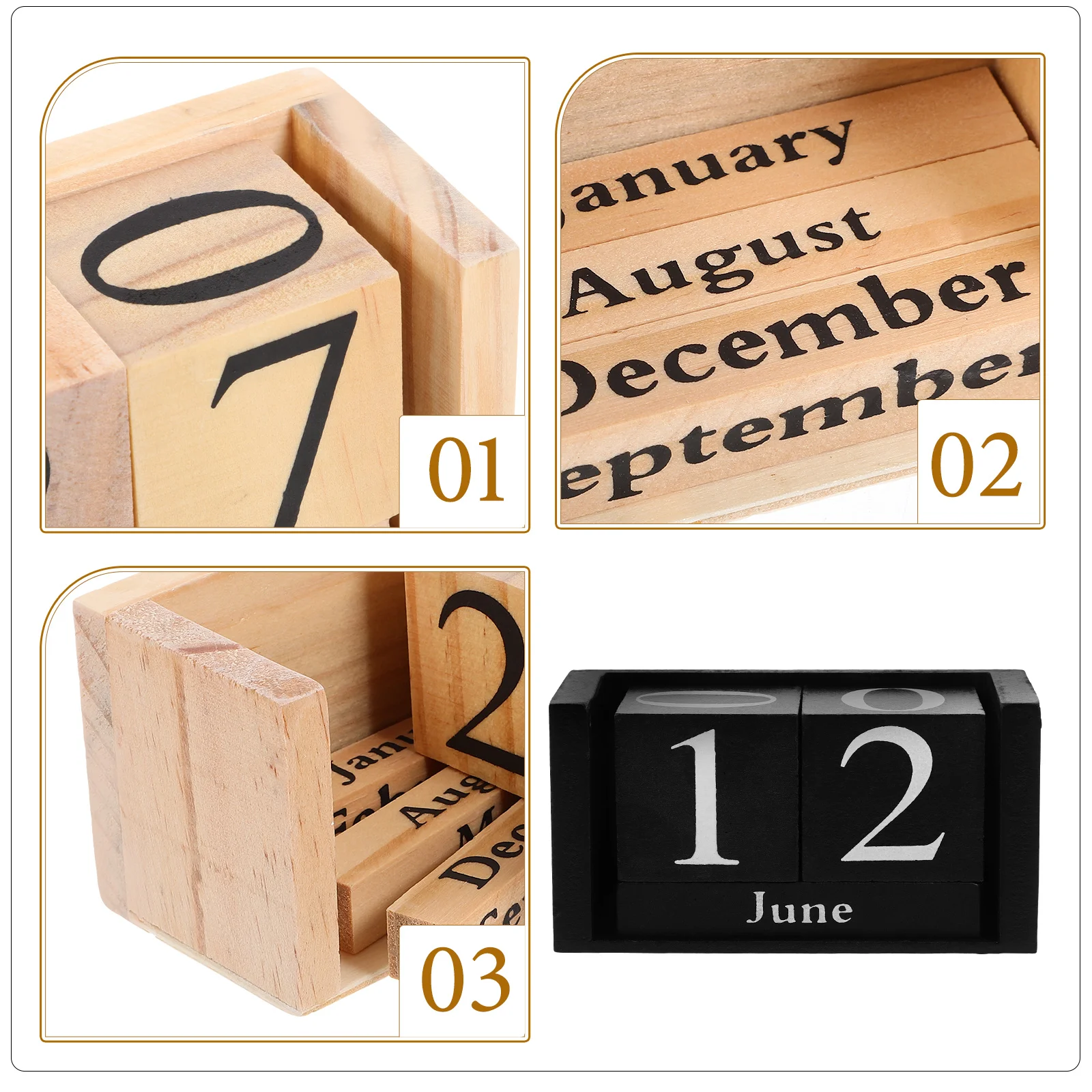 Decor Wooden Block Calendar Desk Decorative Perpetual Elegant Box Table Small Black Desktop Office