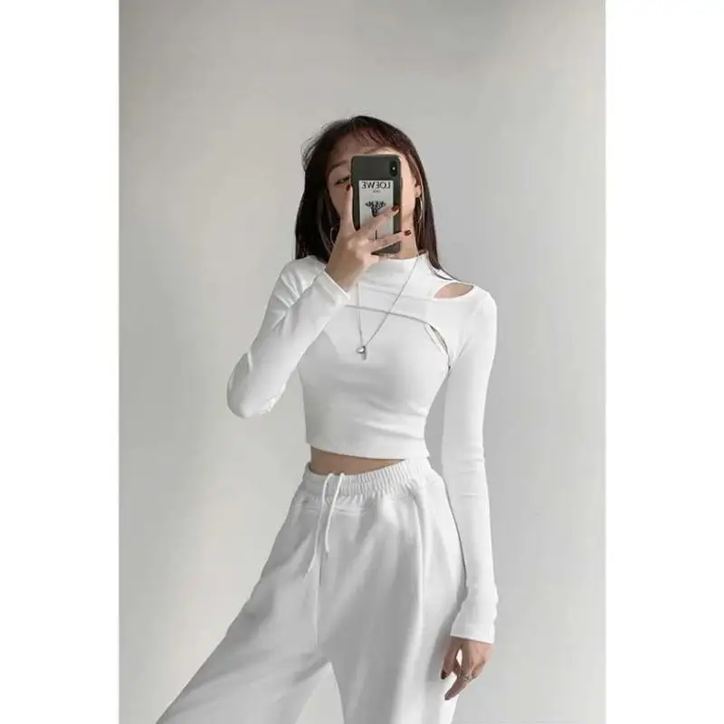 Hollow Knitted Crop Tops Women New Fitness Fake Two-piece T-shirt Female Black White Long Sleeve Tops