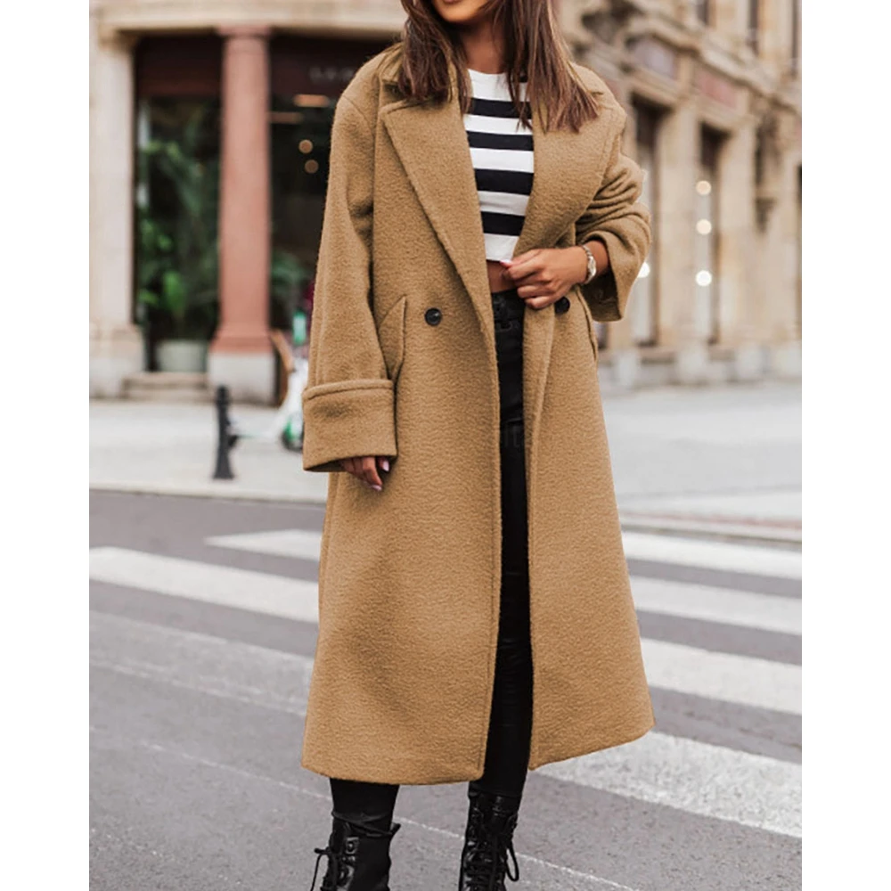 2023 Winter Women Elegant Nothched Collar Overcoat Single Buttoned Femme Casual Office Lady Long Coat Autumn Fashion Streetwear