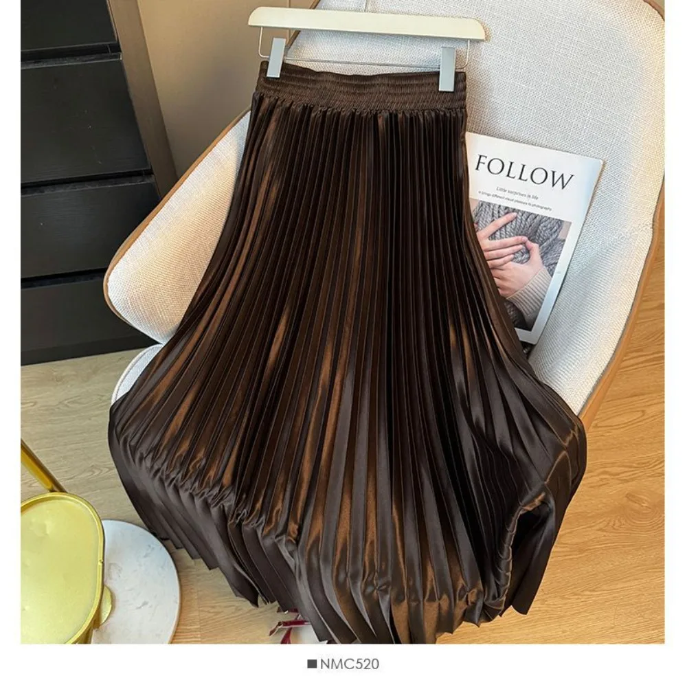 Shiny Gradient Elasitc High Waist Pleated Women Midi Skirt 2025 Summer Office Lady HIgh Street Skirt Women Clothes  Loja